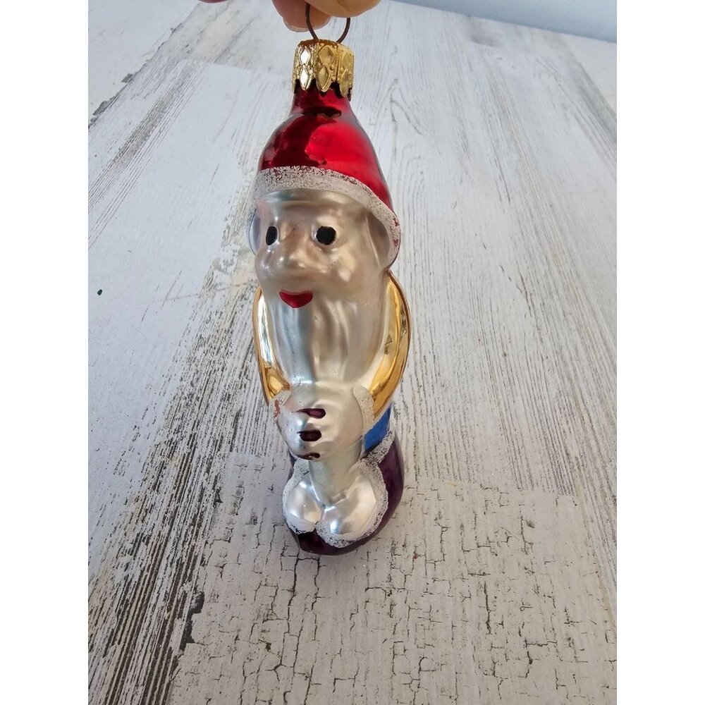 Vintage greece elf Santa glass flocked ornament Xmas tree